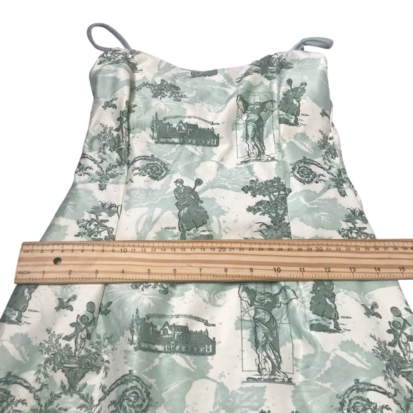 Green Cream Slip Dress – Spaghetti Strap Vintage Scenic Toile Print Sundress - Picture 5 of 8